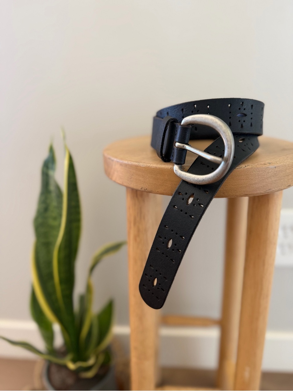 Genuine Leather Black Boho Laser-Cut Leather Belt with Round Silver Buckle